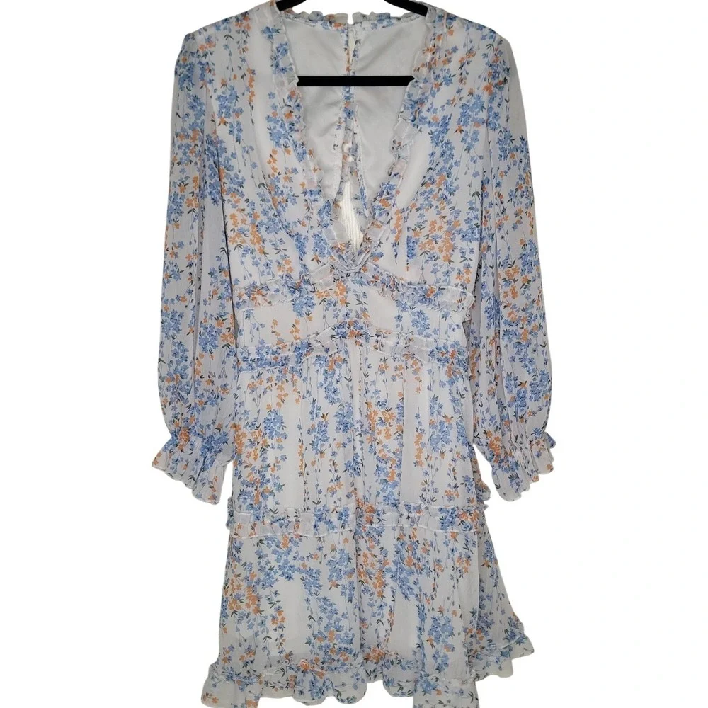 Women's M White Blue Orange Floral Fit & Flare Dress V-Neck Back Cutout Ruffle